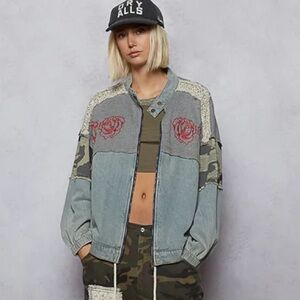 🌻 POL “Rose & Camo” Denim Patchwork Bomber Jacket | Light Denim
